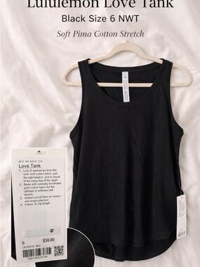 Lululemon Love Tank Black Size 6 NWT Soft Pima Cotton Stretch